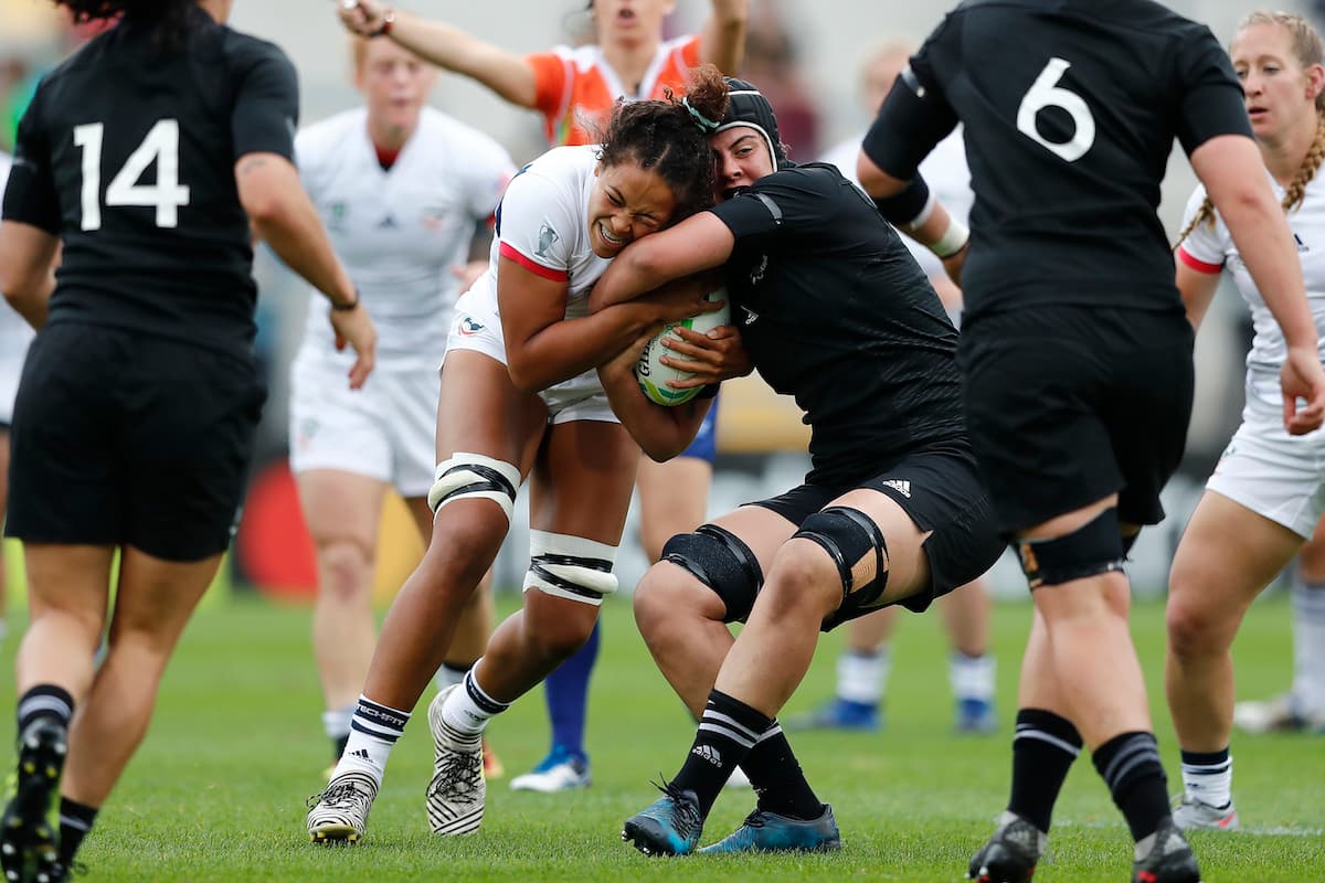 August 22, 2017; Belfast, United Kingdom; Jordan Gray of the USA Eagles drives against the New Zealand Black Ferns defense in the Women's Rugby World Cup Ireland 2017 semi finals at Kingspan Standium. Photo credit: Michael Lee - Taiwan Mike Photography - KLC fotos for USA Rugby